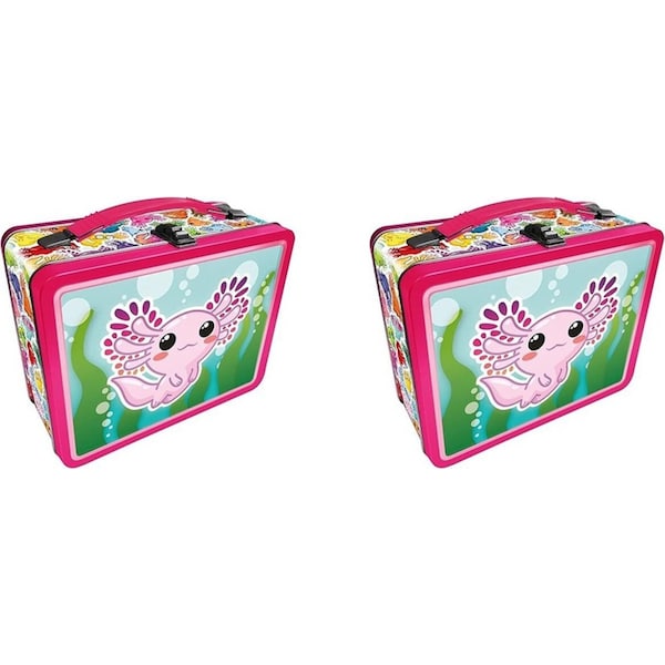 2PK Aquarius Tin Carry All Axolotl Fun Box Food Storage Lunchbox w/Handle Sqr