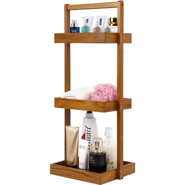 Teak Shower Caddy Corner, 3 Tier Standing Shower Organizer Shelf with Handle, Wood Bathroom Stand Up Caddy Basket for Shampoo