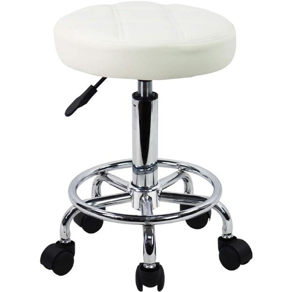 Round Rolling Stool Chair PU Leather,Height Adjustable Salon Stools with Wheels Office,Small Chair(white)