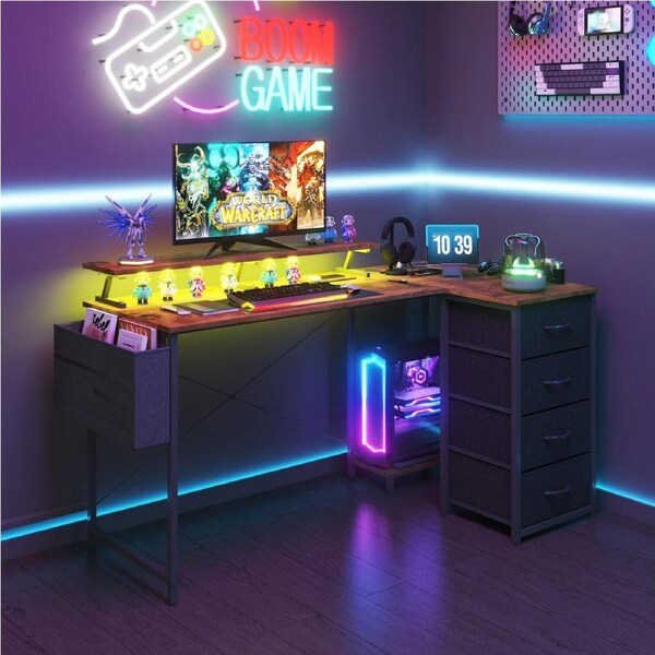 160cm Advwin L Shaped Desk Corner Gaming Desk with LED Lights & Power Outlets Convertible with Monitor Stand & Drawer Walnut