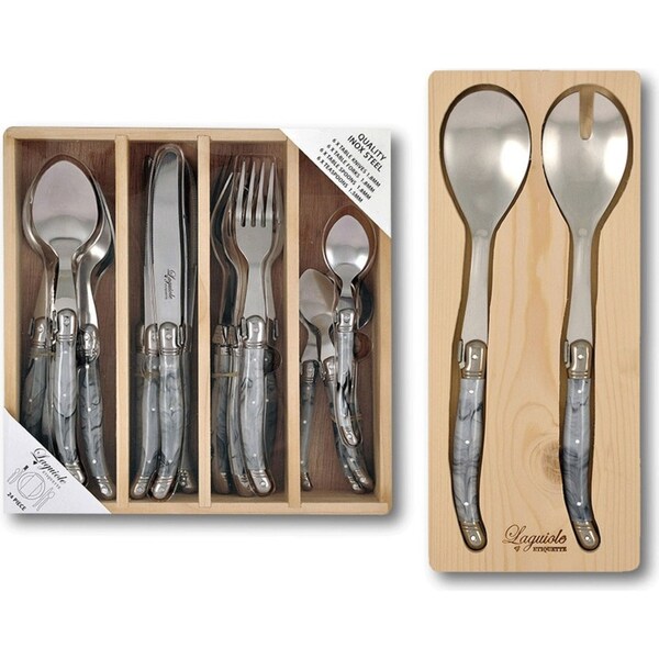 Laguiole Etiquette Cutlery w/ Matching Salad Serving Kitchen Set Marble White