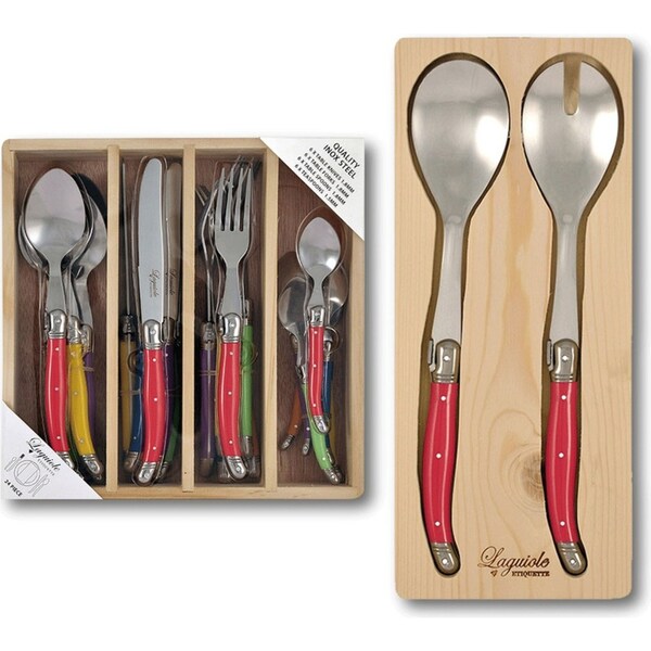 Laguiole Etiquette Cutlery w/ Matching Dining Table Salad Serving Set - Red