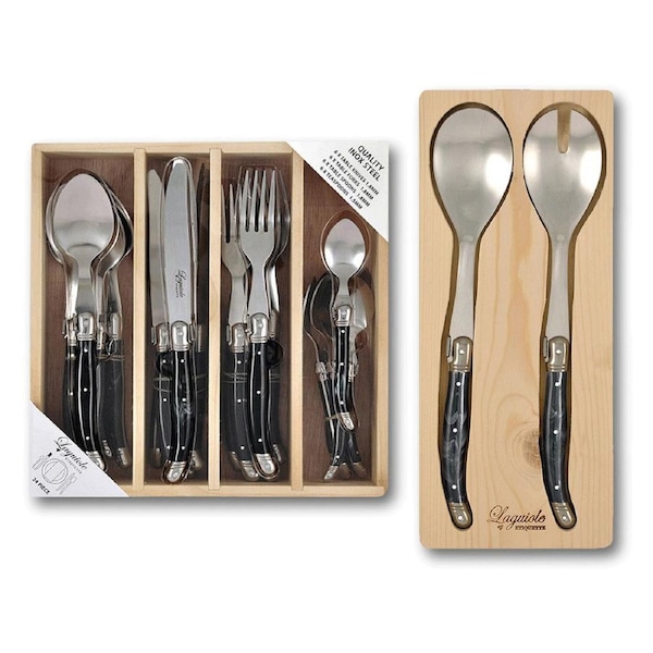 Laguiole Etiquette Cutlery w/ Matching Salad Serving Kitchen Set Marble Black