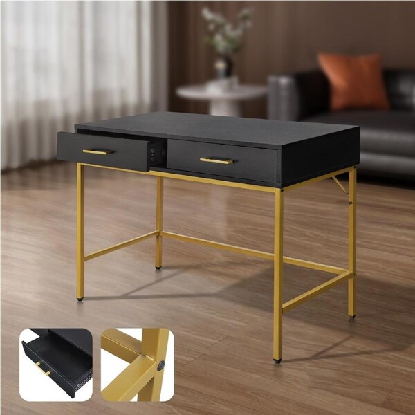 100x48x75CM Computer Office Desk Study Table With Drawer Writing Workstation Black Gold