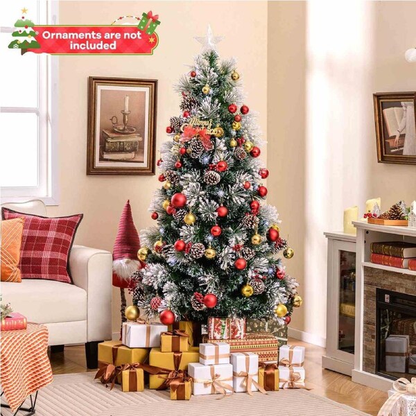 Costway Pre-Lit Snowy Christmas Tree Artificial Xmas Tree w/Optic Fibre & 8 Lighting Modes Fairy Light Decoration