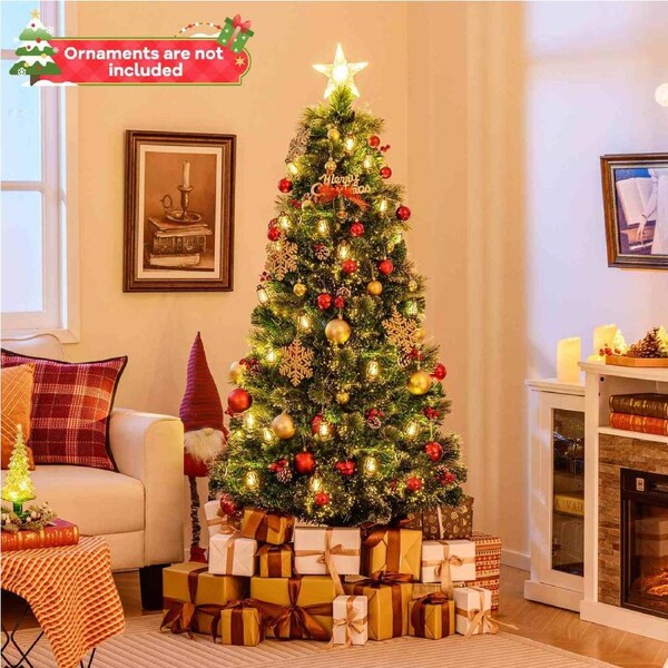 Costway Pine Needle Christmas Tree 8 Lighting Modes Xmas Decoration w/Optic Fibre & Kerosene Lamps