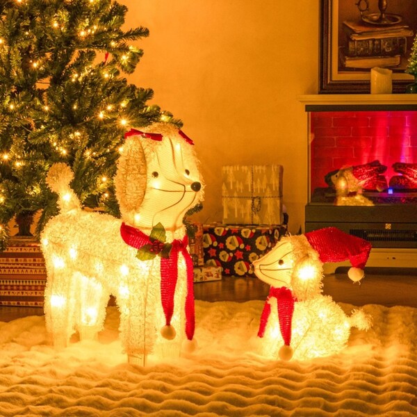 Costway 2Pcs Christmas Dog w/LED Lights Xmas Decoration Metal Frame Mother Dog&Puppy Decor
