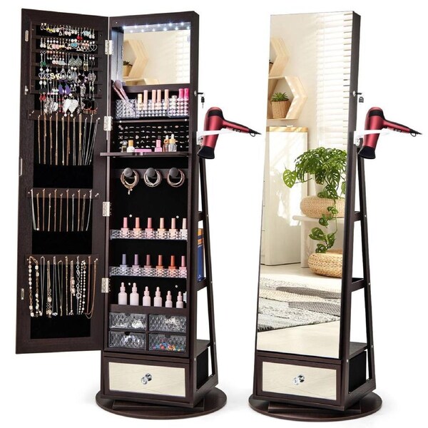 Giantex Lockable Jewelry Cabinet 360° Swivel Storage Organizer w/Full Length Mirror Dark Brown