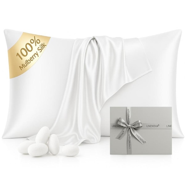 LINENOVA 2Pcs 100% Mulberry Silk Double-sided Silk Pillowcases Luxury 22 Momme - White