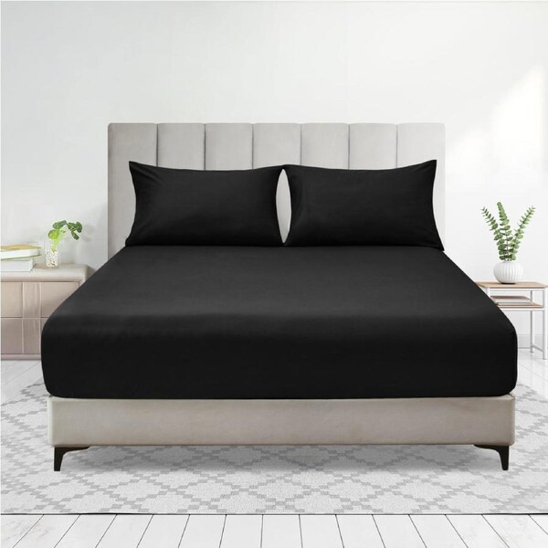 LINENOVA 2000TC Fitted Sheet Pillowcases Set(Single,Black)