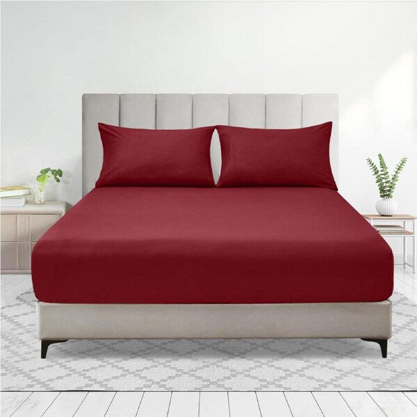 LINENOVA 2000TC Fitted Sheet Pillowcases Set(Single,Burgundy)