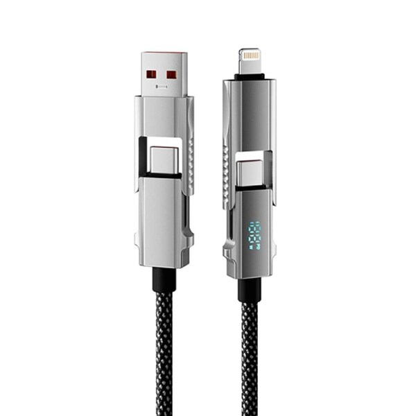ZUSLAB 4-in-1 65W Fast Multi Charging Cable LED Display Cord for Laptop/Tablet/iPhone/iPad Charger Cord with Lightning/Type C/USB A Port - 1.2M (Silver)