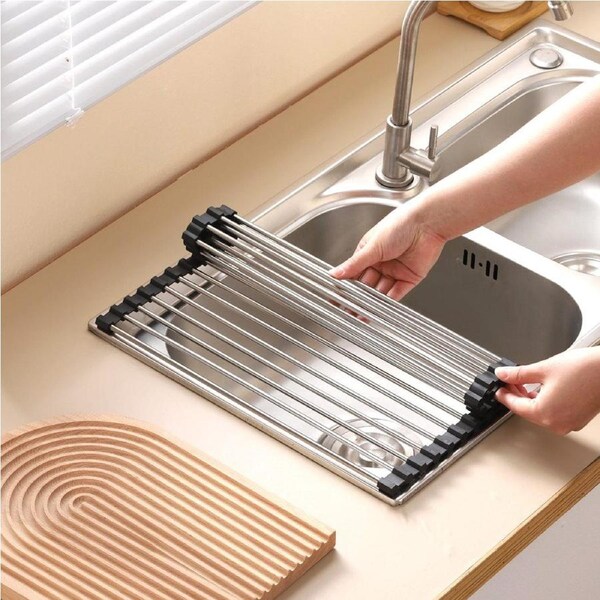 Silver Over Sink Draining Rack with Anti-Slip Grips