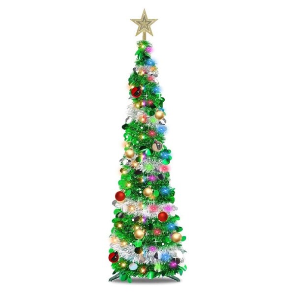 Nevenka 5Ft Prelit Christmas Tree Pop Up Pencil Tree with 50 Color Lights 15 Ball Ornament Holiday Xmas Party Decorations-GreenSilver