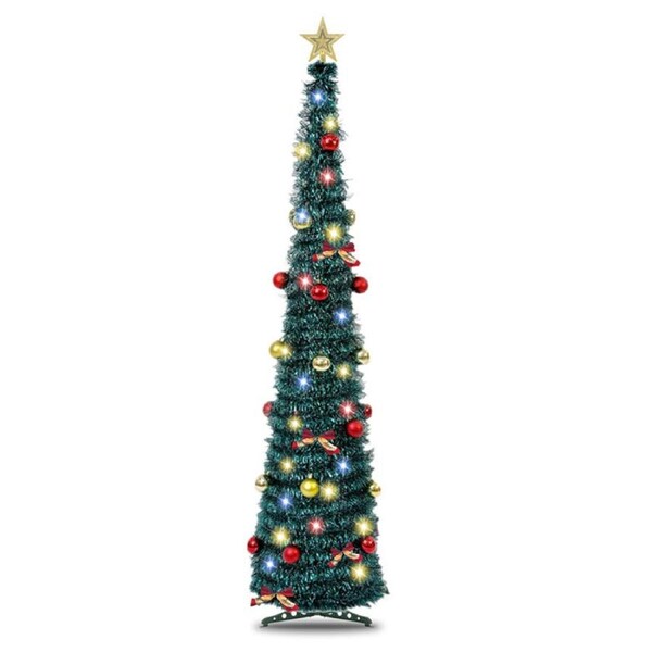 Nevenka 5Ft Prelit Christmas Tree Pop Up Pencil Tree with 50 Color Lights Bows 15 Ball Ornament Holiday Xmas Party Decorations