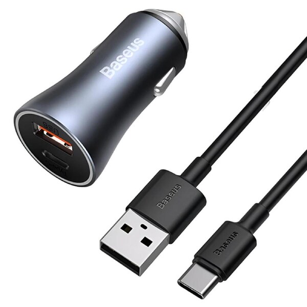 Baseus Golden Contactor Pro Car Charger USB-A & USB-C Ports 40 W + USB-A to USB-C Cable - Grey
