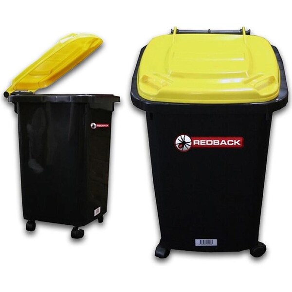 60L Redback Rubbish Bin - Black with Yellow Lid (64H x 42w x 47L cm) - Made in Australia - Durable Wheelie Bin - Bulky Item