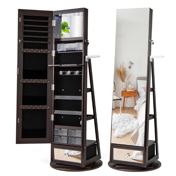Costway 1.64M Rotatable Jewellery Storage Armoire Lighted Full-Length Mirror Cabinet Makeup Jewelry Organizer w/Hair Dryer Rack Brown