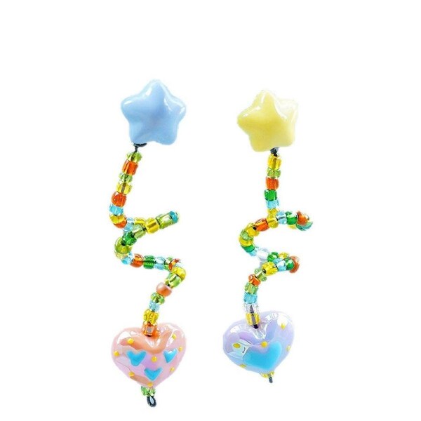 Colourful Beaded Resin Love Earrings Asymmetrical Cloud Drop Long Dangle Jewelry