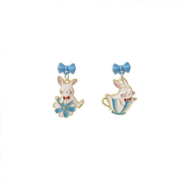 Cartoon Rabbit Earrings with Blue Bow Irregular Shape Cute Fashion Jewelry
