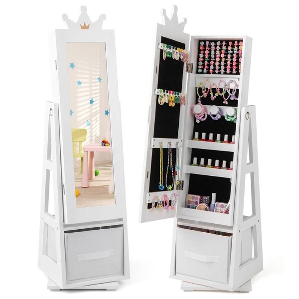 Giantex 3-in-1 Armoire Dressing Mirror 360° Swivel Kids Jewelry Cabinet w/Rear White