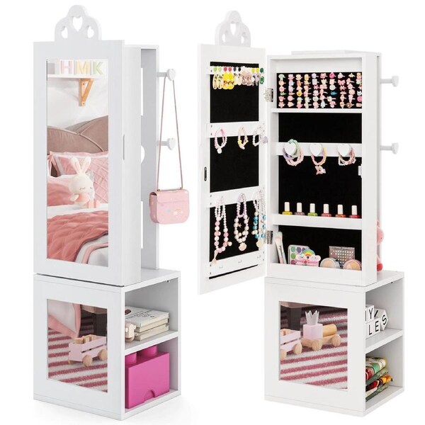 Babyjoy 3-in-1 Kids Jewelry Cabinet w/Full Length Mirror Freestanding Jewelry Organizer Armoire Cabinet White