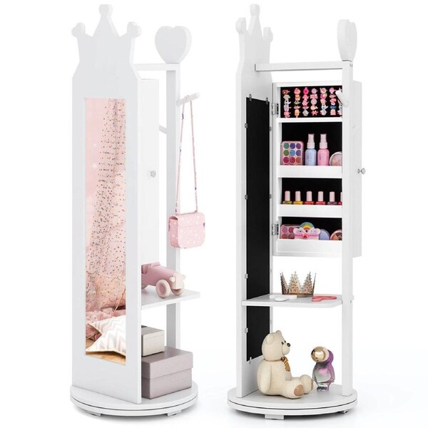 Giantex 360° Rotating Jewelry Cabinet Kids Armoire w/Mirror & Clothes Rack White
