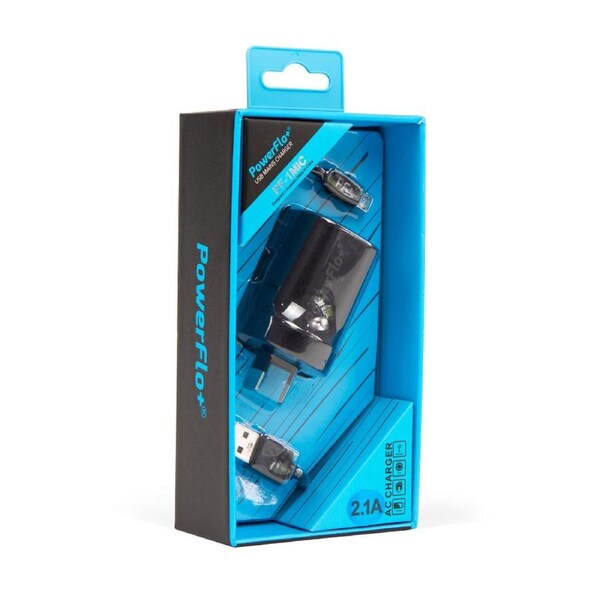 PowerFlo+ Single Port 2.1A Charger - Black with 1M Micro USB Cable Bundle Pack