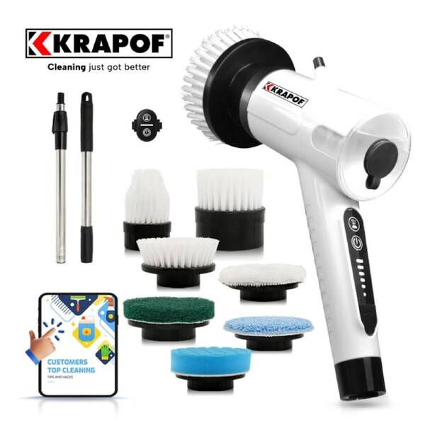 KRAPOF Electric Cordless Tough Scrub Excel with 7 Replaceable Cleaning Heads