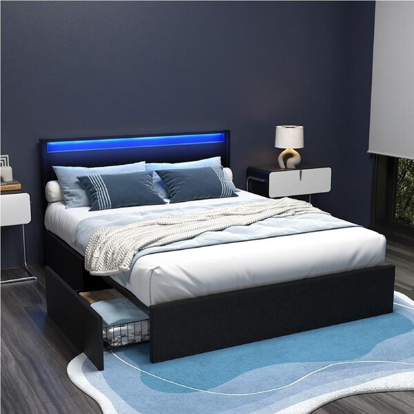 Artiss Bed Frame Queen Size LED with 4 Drawers Black DUNN
