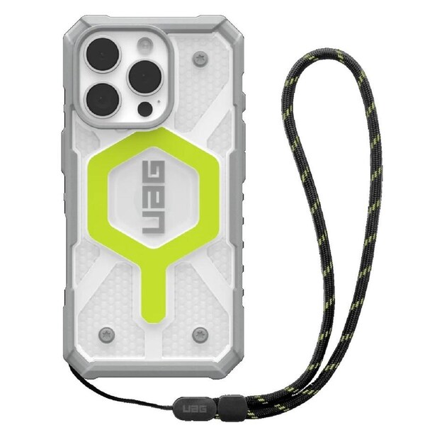 UAG Pathfinder Clear MagSafe Apple iPhone 16 Pro (6.3') Rugged Case + Black Neon Lanyard - Active Neon (1144641BV01),18ft Drop Protection (5.4M)