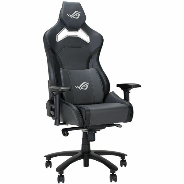 ROG Chariot X gaming chair in racing-car style with Aura RGB lighting featuring an adjustable high-density foam headrest memory-foam lumbar support