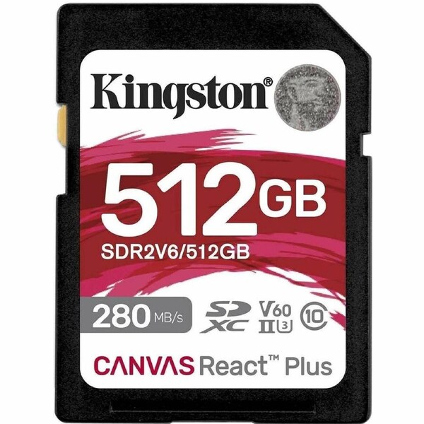 Kingston Canvas React Plus 512 GB Class 10/UHS-II (U3) V60 SDXC - 280 MB/s Read - 150 MB/s Write