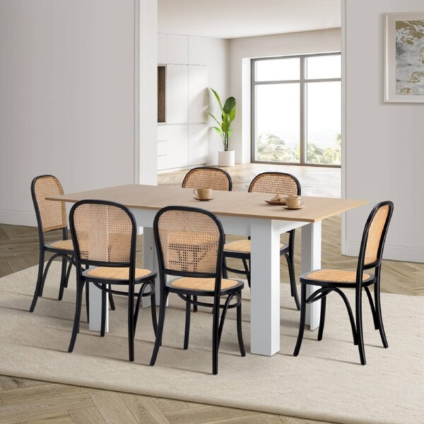 Oikiture 160cm Extendable Dining Table with 6PCS Dining Chairs Rattan White
