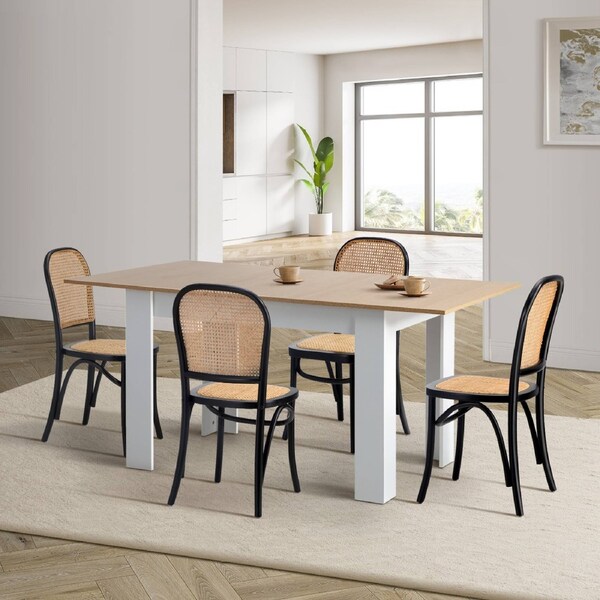 Oikiture 160cm Extendable Dining Table with 4PCS Dining Chairs Rattan White