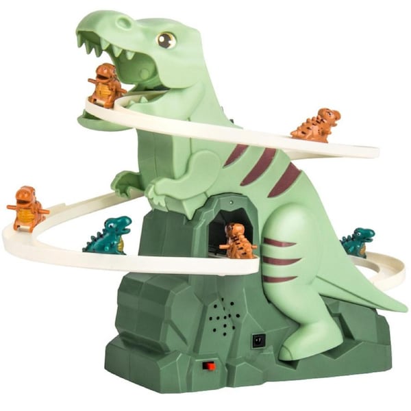 Dinosaur Racing Track Toys, Electric Dinosaur Climbing Stairs Track Toys with Slide, Music, LED Lights, 3 Dinosaurs, Coaster Toy Set for Kids