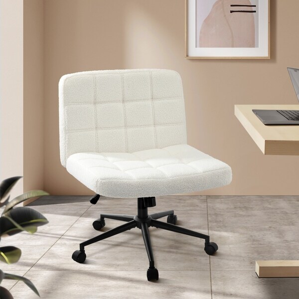 Oikiture Mid Back Armless Office Desk Chair Wide Seat Boucle White with Wheels