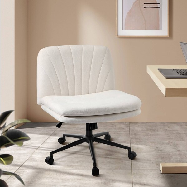 Oikiture Mid Back Armless Office Desk Chair Wide Seat Linen with Wheels Beige