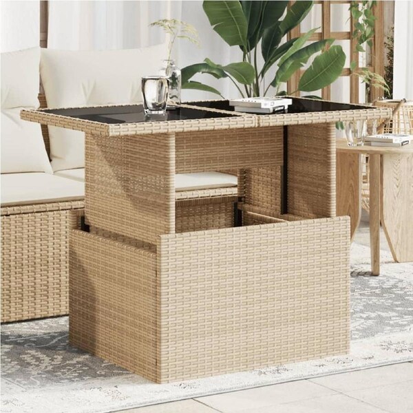 Garden Table with Glass Top Beige 100x55x73 cm Poly Rattan vidaXL