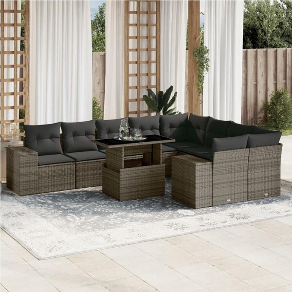 10 Piece Garden Sofa Set with Cushions Grey Poly Rattan vidaXL