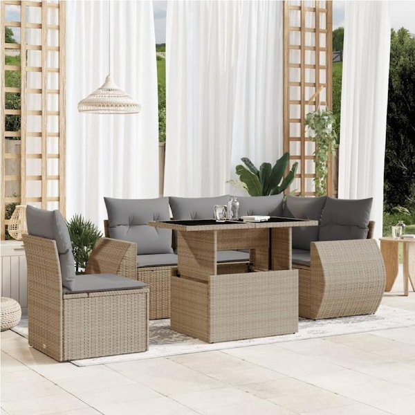 6 Piece Garden Sofa Set with Cushions Beige Poly Rattan vidaXL