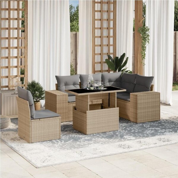 6 Piece Garden Sofa Set with Cushions Beige Poly Rattan vidaXL