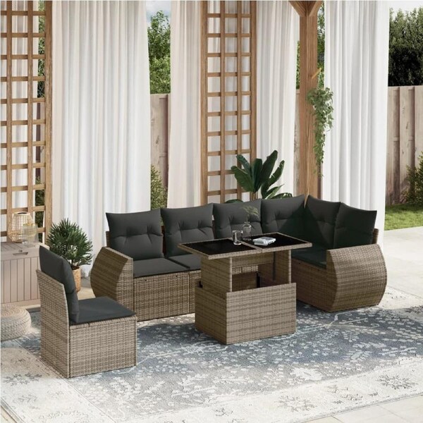 7 Piece Garden Sofa Set with Cushions Grey Poly Rattan vidaXL