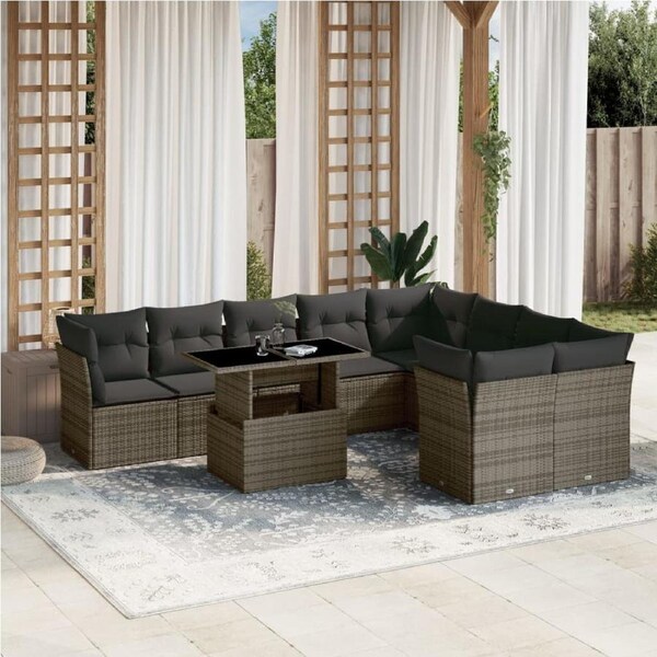 10 Piece Garden Sofa Set with Cushions Grey Poly Rattan vidaXL