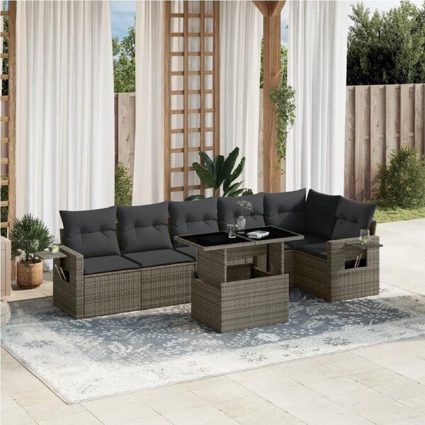 7 Piece Garden Sofa Set with Cushions Grey Poly Rattan vidaXL