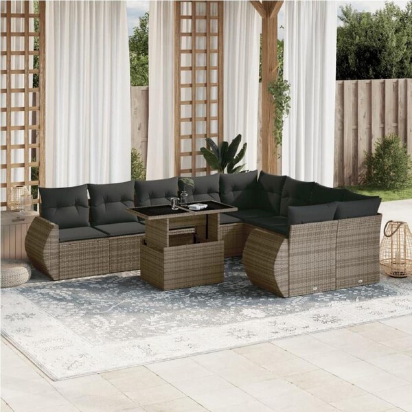 10 Piece Garden Sofa Set with Cushions Grey Poly Rattan vidaXL