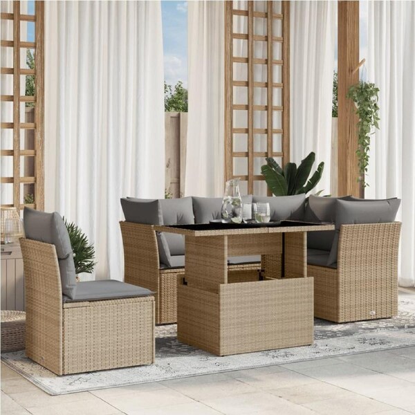 6 Piece Garden Sofa Set with Cushions Beige Poly Rattan vidaXL