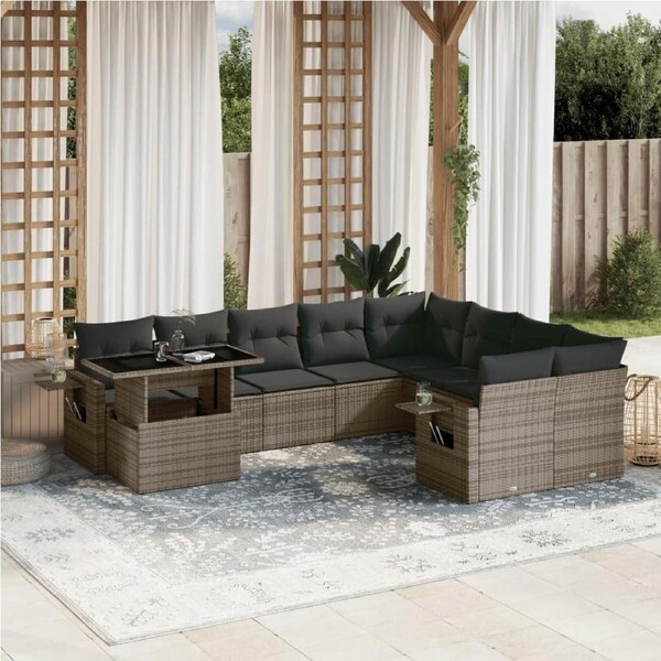 10 Piece Garden Sofa Set with Cushions Grey Poly Rattan vidaXL