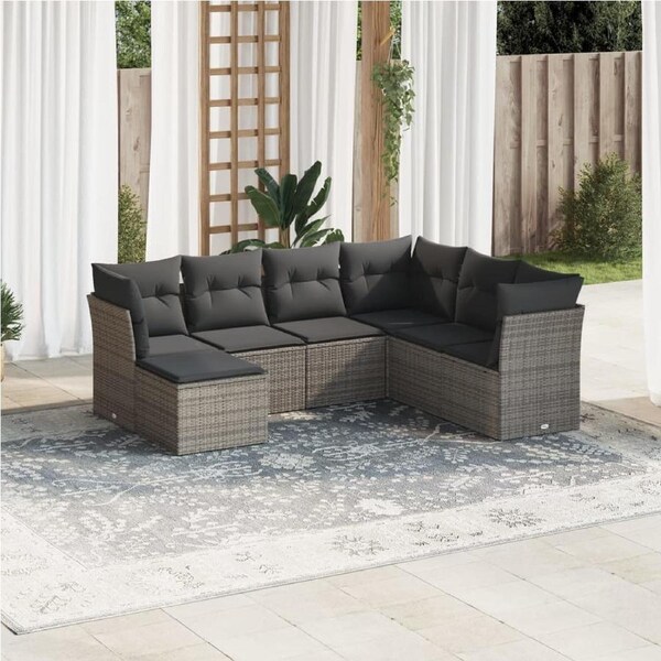 7 Piece Garden Sofa Set with Cushions Grey Poly Rattan vidaXL