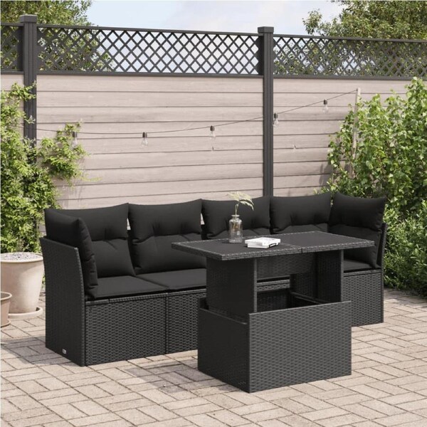 5 Piece Garden Sofa Set with Cushions Black Poly Rattan vidaXL